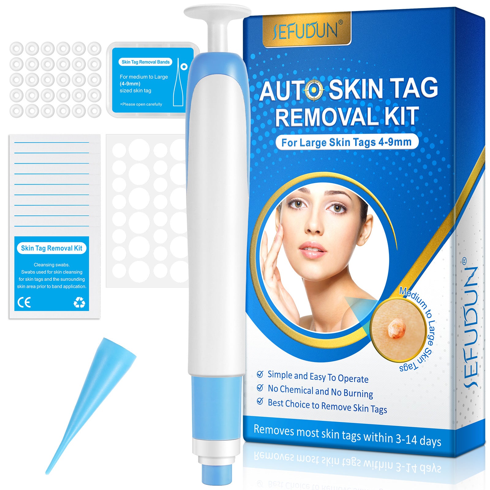 Skin Tag Removal Kit with Cleansing Swabs, includes tools for safe and effective removal of large skin tags 4-9mm.